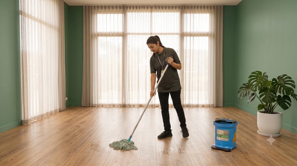 Crewcare cleaner mopping a studio floor
